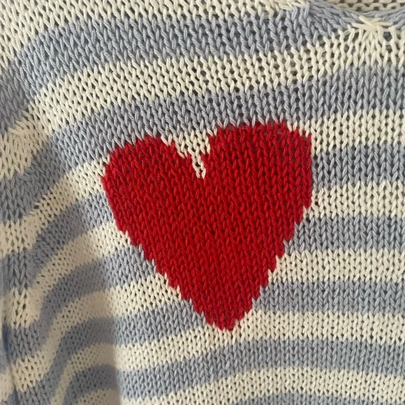Wooden Ships Blue and White Striped V-Neck Sweater with Red Heart - Picture 2 of 9